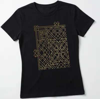 Minimalist line art Geometric Endless Knot design in gold — printed on a women's shirt
