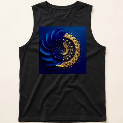 Intricate geometric vortex design featuring sapphire blue and gold filigree. — printed on a tank top