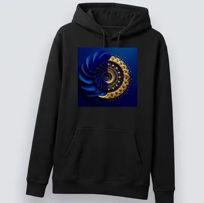 Intricate geometric vortex design featuring sapphire blue and gold filigree. — printed on a unisex hoodie