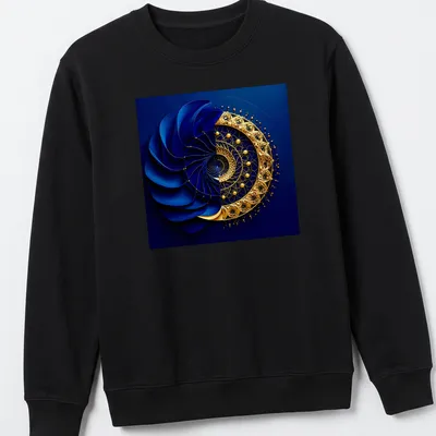 Intricate geometric vortex design featuring sapphire blue and gold filigree. — printed on a unisex sweatshirt