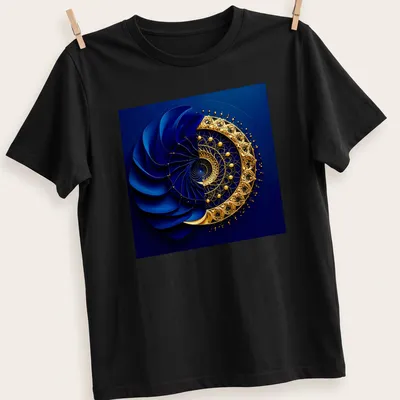 Intricate geometric vortex design featuring sapphire blue and gold filigree.