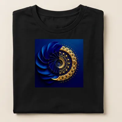 Intricate geometric vortex design featuring sapphire blue and gold filigree. — printed on a women's shirt