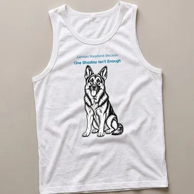 Line-art design featuring a German Shepherd and playful text about companionship. — printed on a tank top
