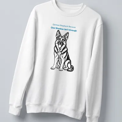Line-art design featuring a German Shepherd and playful text about companionship. — printed on a unisex sweatshirt