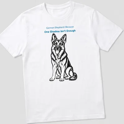 Line-art design featuring a German Shepherd and playful text about companionship.