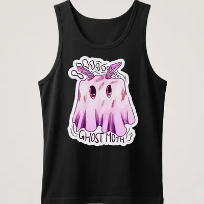 Kawaii illustration of a ghost moth with the words Ghost Moth in playful font — printed on a tank top