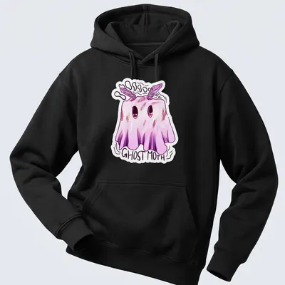 Kawaii illustration of a ghost moth with the words Ghost Moth in playful font — printed on a unisex hoodie