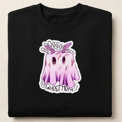 Kawaii illustration of a ghost moth with the words Ghost Moth in playful font — printed on a unisex sweatshirt