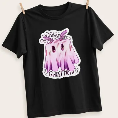 Kawaii illustration of a ghost moth with the words Ghost Moth in playful font