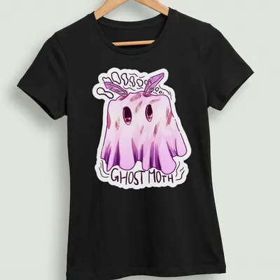 Kawaii illustration of a ghost moth with the words Ghost Moth in playful font — printed on a women's shirt