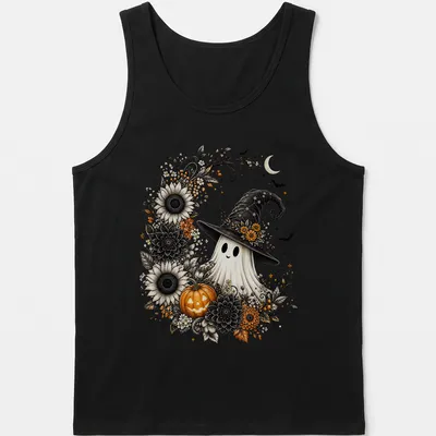 Illustration of a ghost wearing a witch hat, surrounded by sunflowers and pumpkin — printed on a tank top