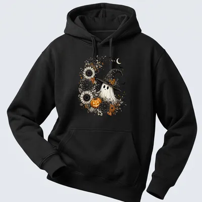 Illustration of a ghost wearing a witch hat, surrounded by sunflowers and pumpkin — printed on a unisex hoodie