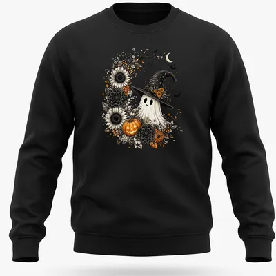Illustration of a ghost wearing a witch hat, surrounded by sunflowers and pumpkin — printed on a unisex sweatshirt
