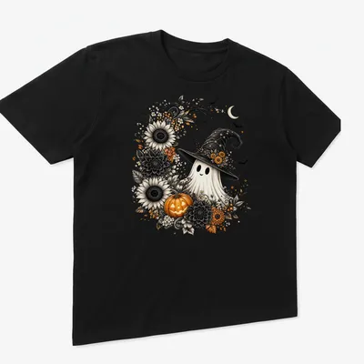 Illustration of a ghost wearing a witch hat, surrounded by sunflowers and pumpkin — printed on a unisex t-shirt (angled view)