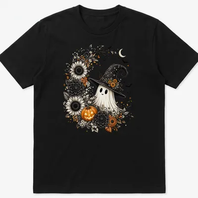 Illustration of a ghost wearing a witch hat, surrounded by sunflowers and pumpkin
