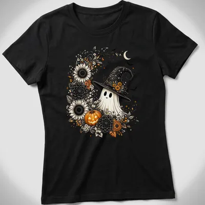 Illustration of a ghost wearing a witch hat, surrounded by sunflowers and pumpkin — printed on a women's shirt