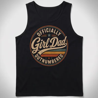 Retro distressed Girl Dad t-shirt with colorful text proclaiming 'Officially Outnumbered' — printed on a tank top