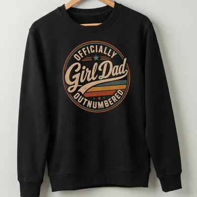Retro distressed Girl Dad t-shirt with colorful text proclaiming 'Officially Outnumbered' — printed on a unisex sweatshirt