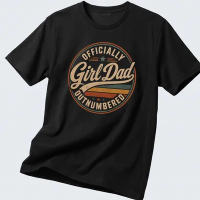 Retro distressed Girl Dad t-shirt with colorful text proclaiming 'Officially Outnumbered'