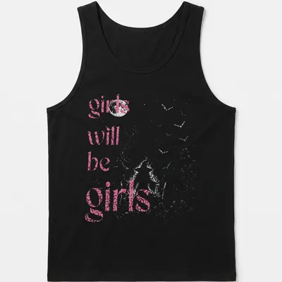 Vintage distressed t-shirt with playful girls' illustration and fun text — printed on a tank top