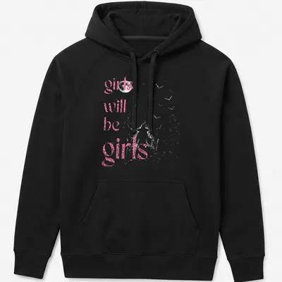 Vintage distressed t-shirt with playful girls' illustration and fun text — printed on a unisex hoodie