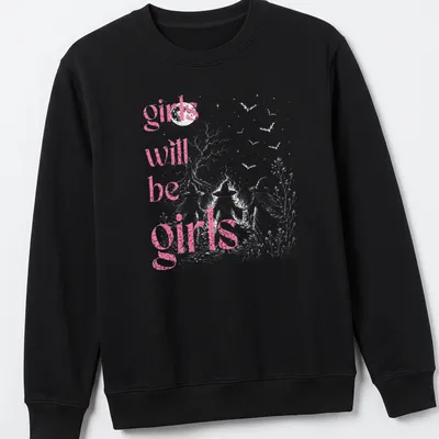 Vintage distressed t-shirt with playful girls' illustration and fun text — printed on a unisex sweatshirt