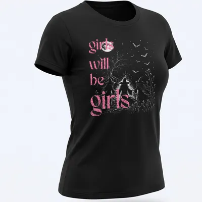Vintage distressed t-shirt with playful girls' illustration and fun text — printed on a women's shirt