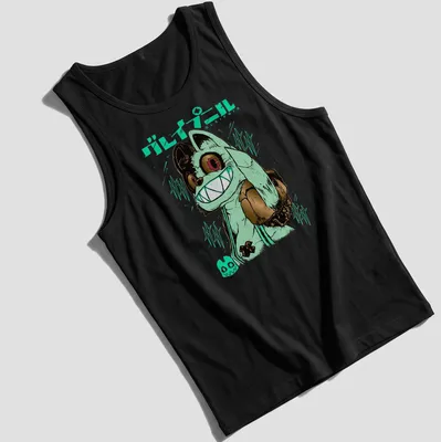 Vibrant anime print of a grinning monster character from Gleipnir with Japanese text above — printed on a tank top