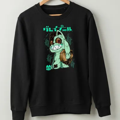 Vibrant anime print of a grinning monster character from Gleipnir with Japanese text above — printed on a unisex sweatshirt