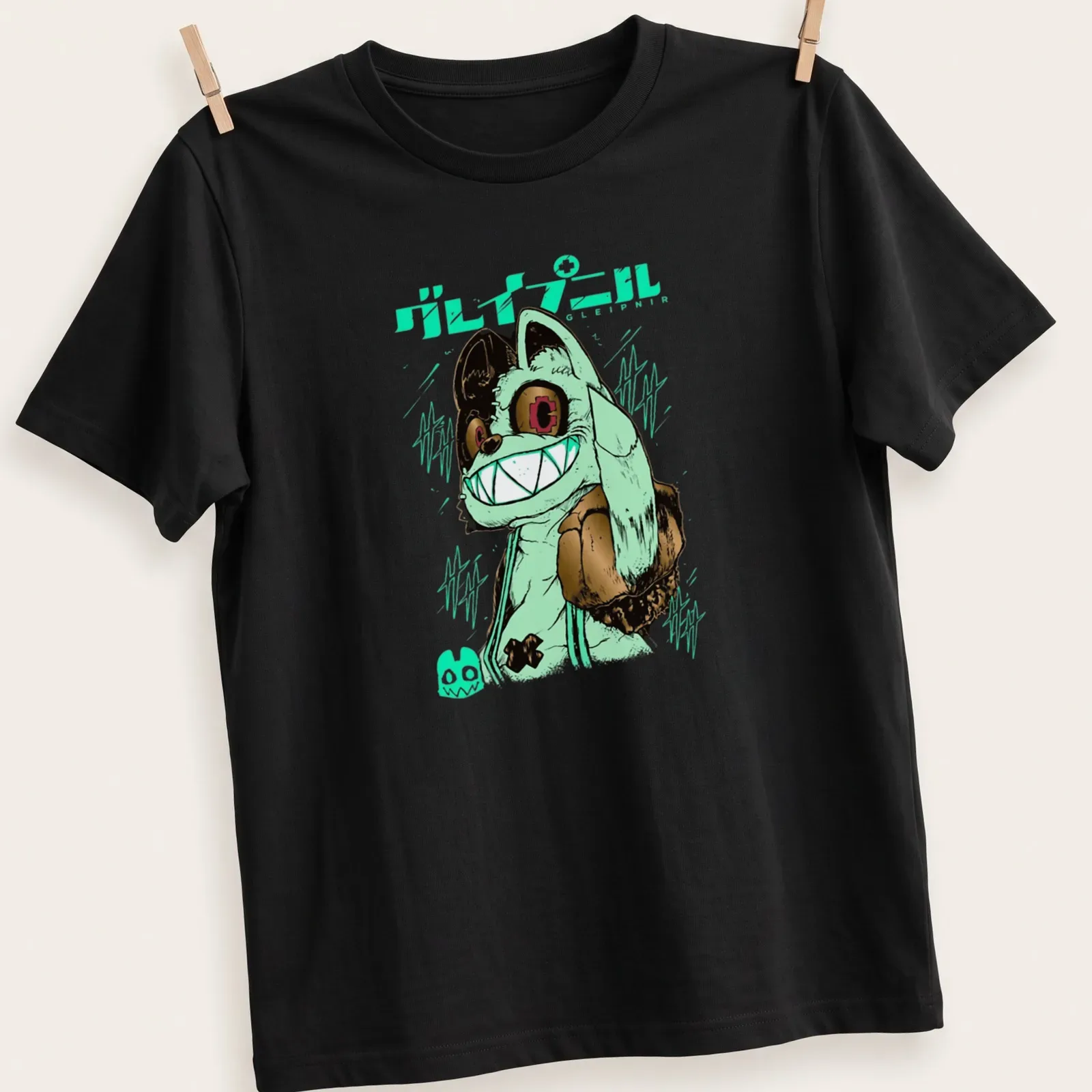 Vibrant anime print of a grinning monster character from Gleipnir with Japanese text above — printed on a unisex t-shirt