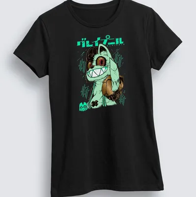 Vibrant anime print of a grinning monster character from Gleipnir with Japanese text above — printed on a women's shirt