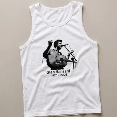 Halftone illustration of Glen Hansard with acoustic guitar, black and white design — printed on a tank top