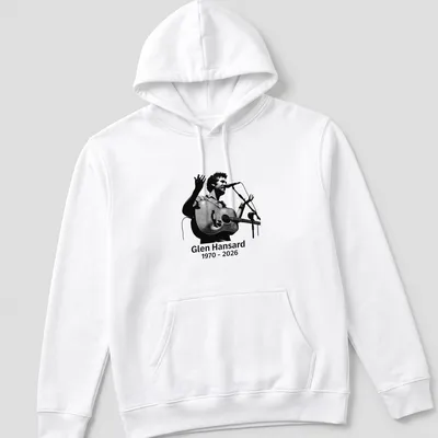 Halftone illustration of Glen Hansard with acoustic guitar, black and white design — printed on a unisex hoodie