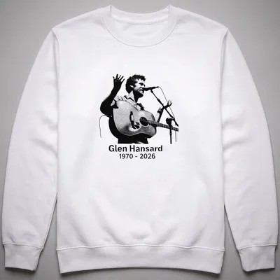 Halftone illustration of Glen Hansard with acoustic guitar, black and white design — printed on a unisex sweatshirt