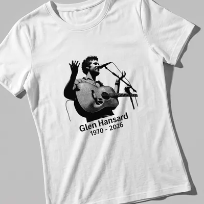 Halftone illustration of Glen Hansard with acoustic guitar, black and white design — printed on a women's shirt