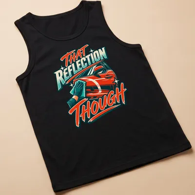 Bold retro t-shirt featuring a red car with the text 'THAT Reflection Though' — printed on a tank top