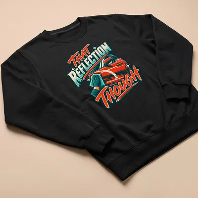 Bold retro t-shirt featuring a red car with the text 'THAT Reflection Though' — printed on a unisex sweatshirt