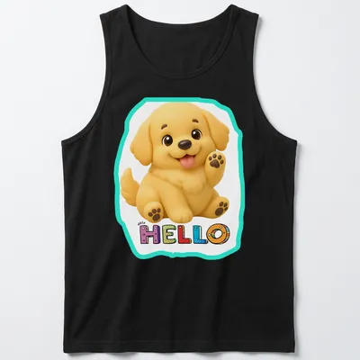 Kawaii Golden Retriever puppy waving hello with colorful accents — printed on a tank top