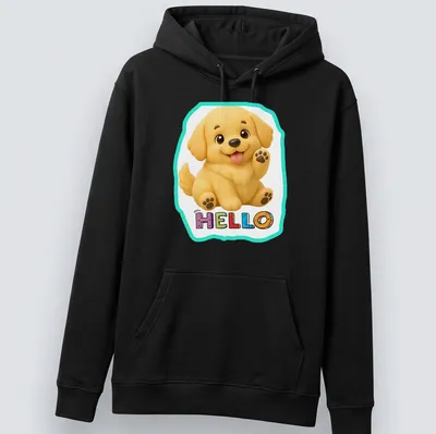 Kawaii Golden Retriever puppy waving hello with colorful accents — printed on a unisex hoodie