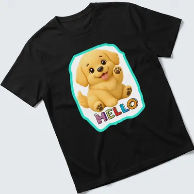 Kawaii Golden Retriever puppy waving hello with colorful accents