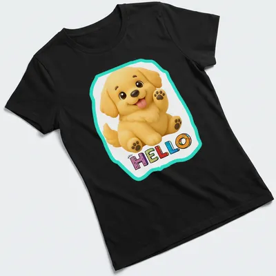 Kawaii Golden Retriever puppy waving hello with colorful accents — printed on a women's shirt