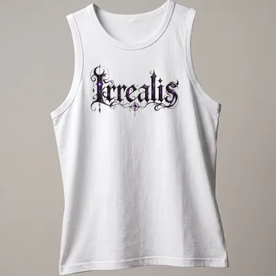 Gothic Irrealis t-shirt featuring ornate lettering in purple and black — printed on a tank top