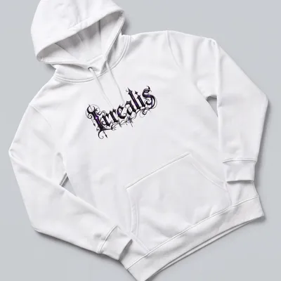 Gothic Irrealis t-shirt featuring ornate lettering in purple and black — printed on a unisex hoodie