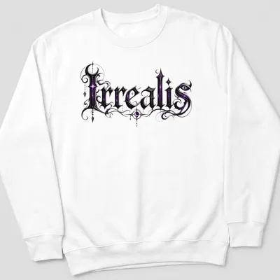 Gothic Irrealis t-shirt featuring ornate lettering in purple and black — printed on a unisex sweatshirt
