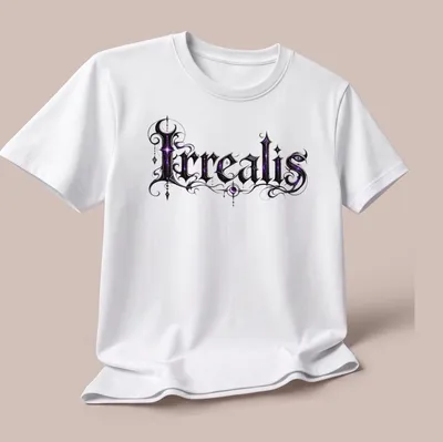 Gothic Irrealis t-shirt featuring ornate lettering in purple and black — printed on a unisex t-shirt (angled view)