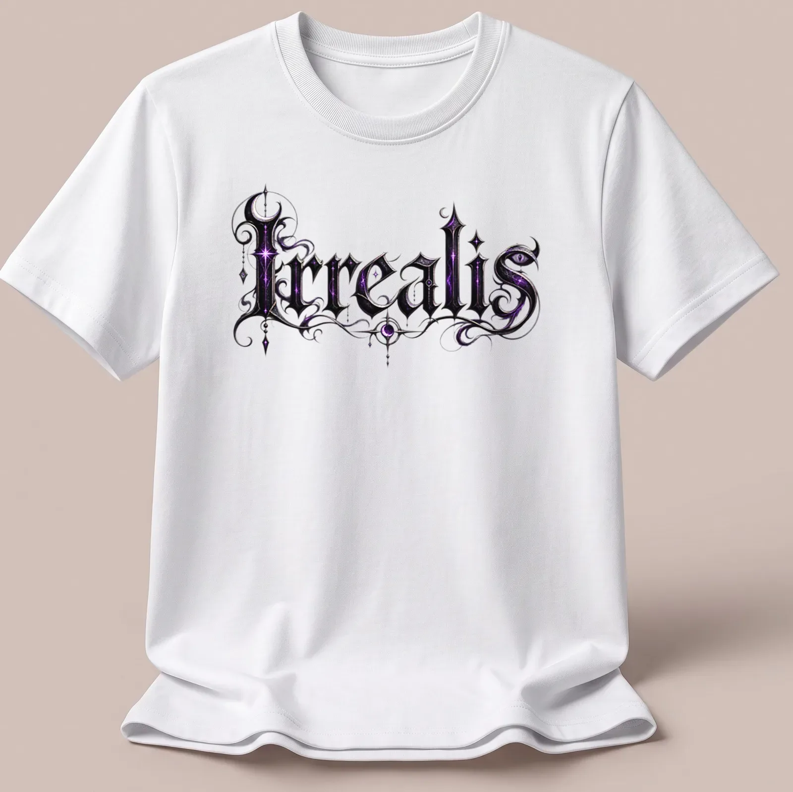 Gothic Irrealis t-shirt featuring ornate lettering in purple and black — printed on a unisex t-shirt