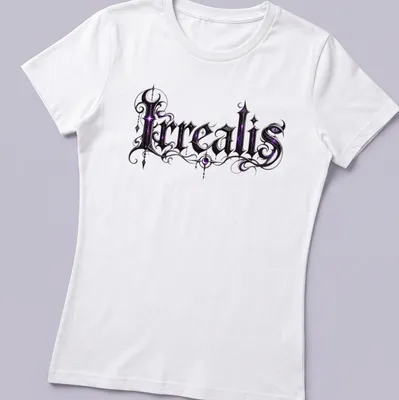 Gothic Irrealis t-shirt featuring ornate lettering in purple and black — printed on a women's shirt