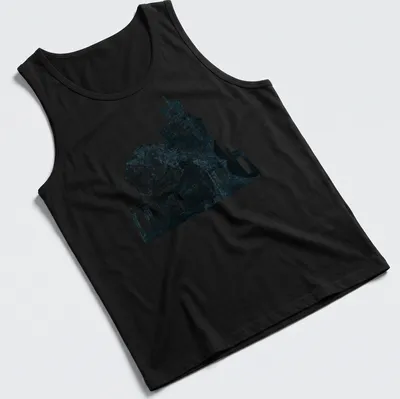 Weathered graphic of a Gothic Victorian mansion with bats in blue and black — printed on a tank top