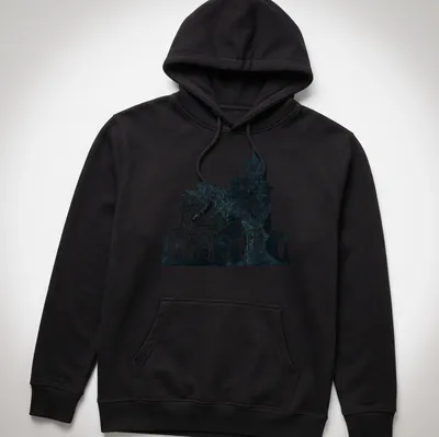 Weathered graphic of a Gothic Victorian mansion with bats in blue and black — printed on a unisex hoodie