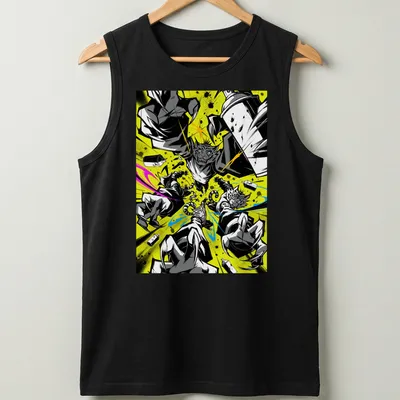 Comic book style shirt featuring graffiti cats in vibrant colors — printed on a tank top